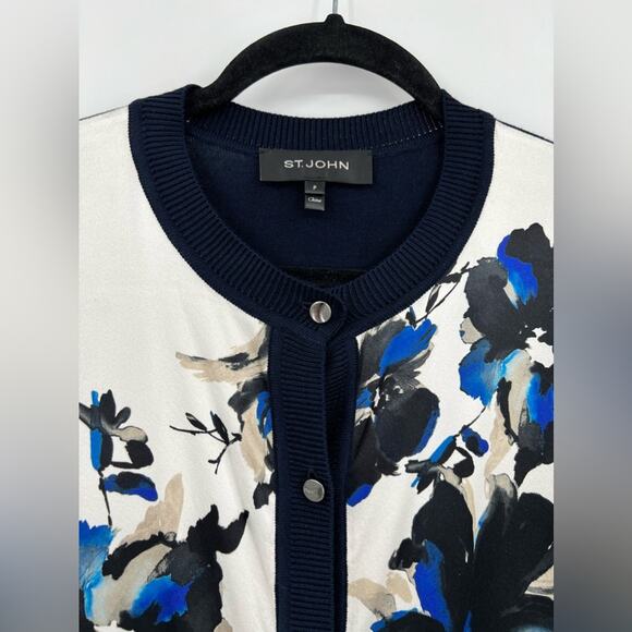 St. John Floral Cardigan Sweater Wool Cashmere Silk Buttons Navy Blue Petite 2 - Picture 7 of 12